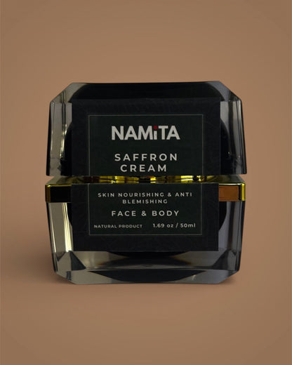 Black jar of Namita Saffron Cream on a brown background