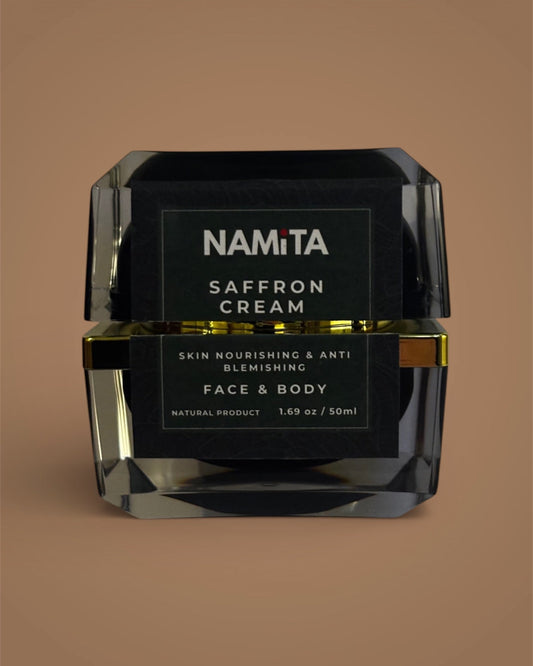 Black jar of Namita Saffron Cream on a brown background